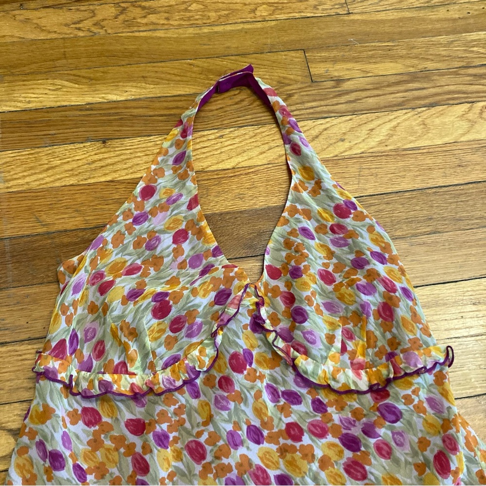 Silk Halter Floral Pink Orange Purple Yellow Y2K Dress Size XL - Picture 2 of 8